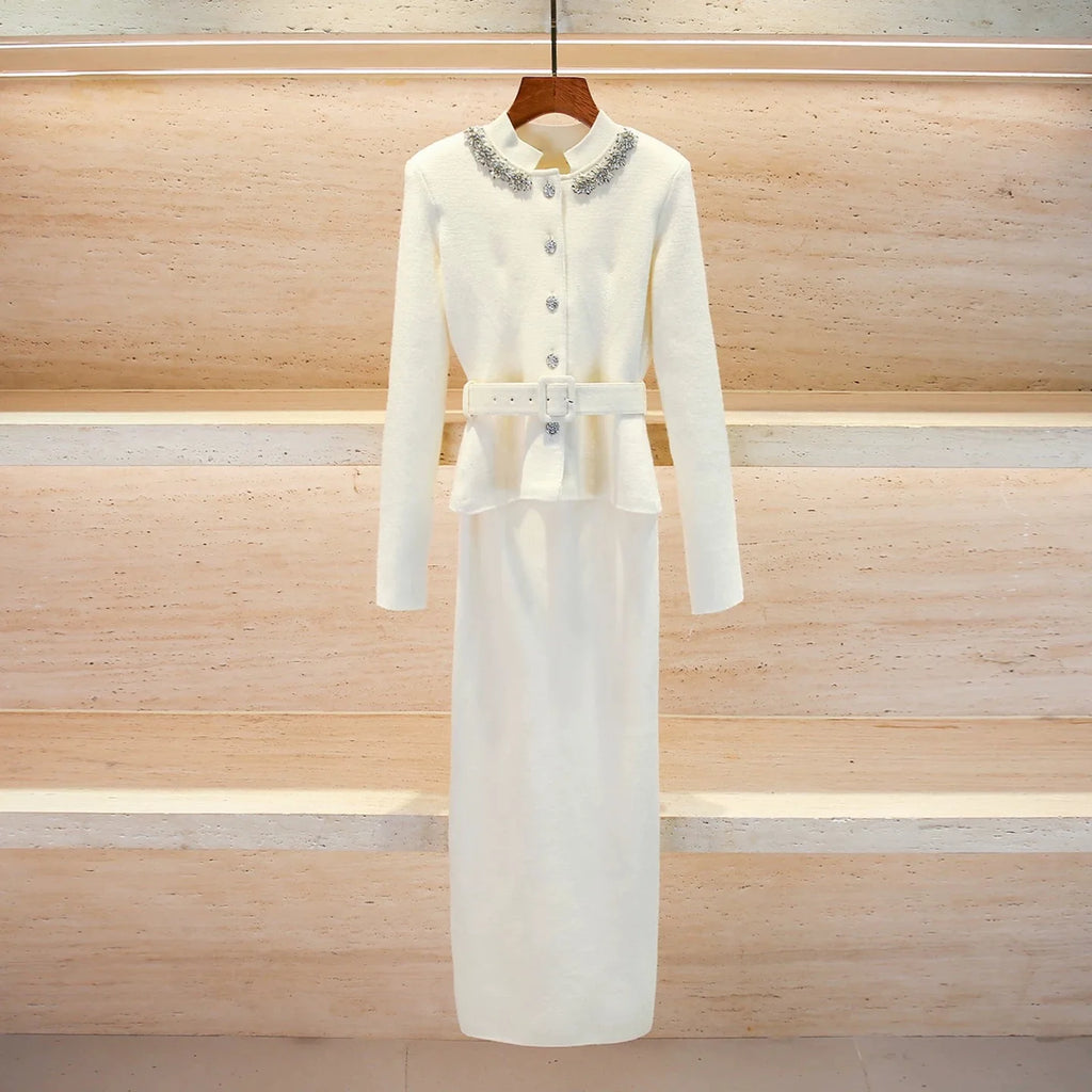 White Knit Two-Piece Style Dress with Rhinestone Button Belt Fitted Long-Length Women's Dress 2025 Fall New Arrival