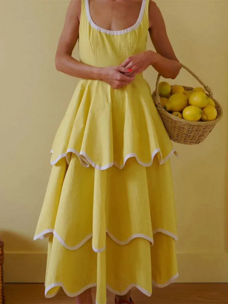 Fashion Women's Dress Round Neck Strapless Sleeveless Cascading Ruffled Hem Dresses Chic 2026 Summer New Daily Wear Ladies Robes