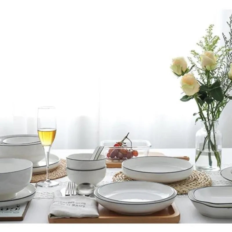 White With Black Dinner Plate Set Ceramic Serving Tray Food Dishes Rice Salad Noodles Bowl Soup Kitchen Dinnerware