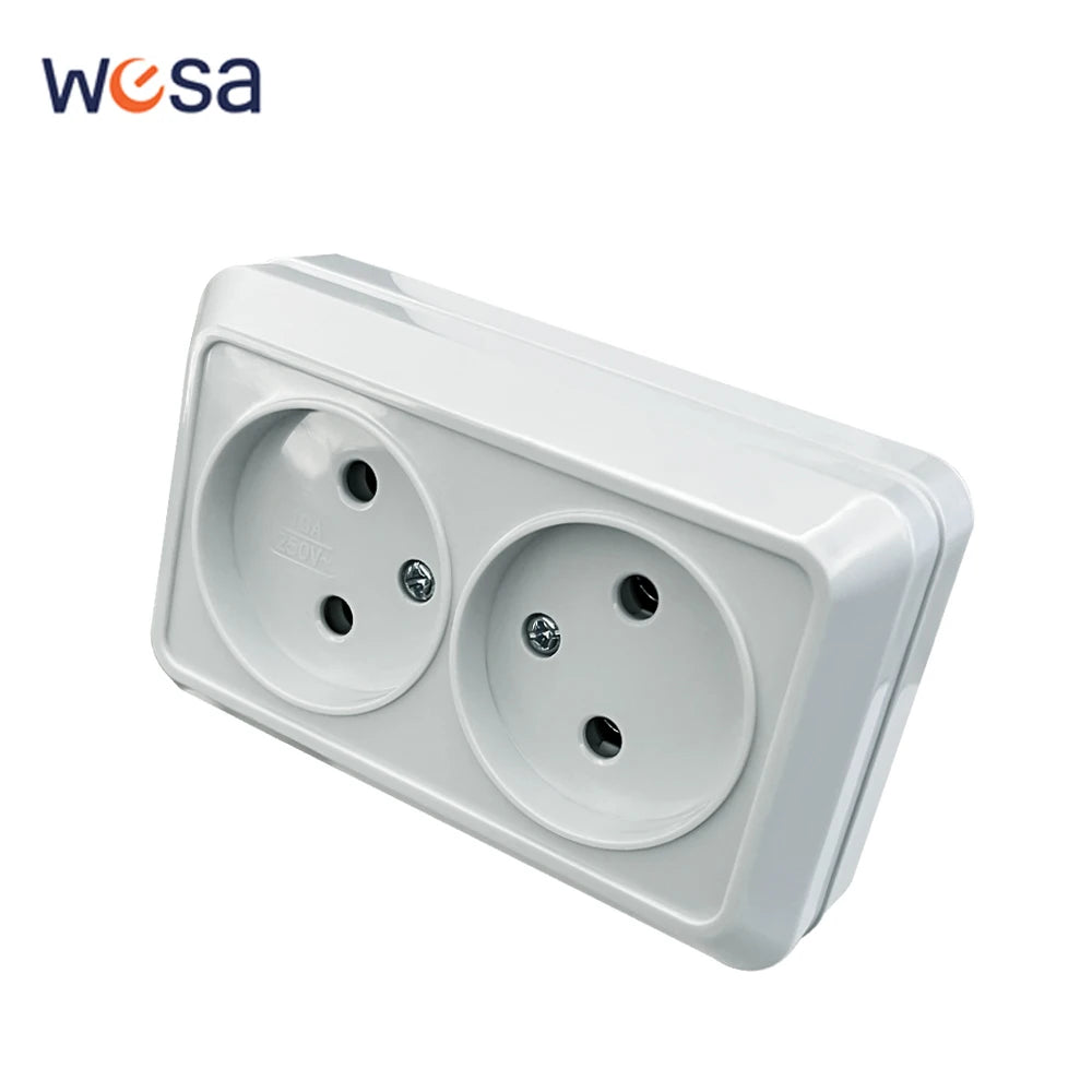 WESA White Wall Surface 2 Sockets Plugs EU Exterior Electrical Outlets With Ground Power Socket Flame Retardant Paint Plastic