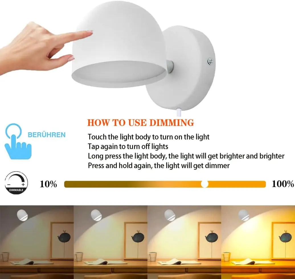 LED Indoor Wall Lamp Touch Dimming Wall Light 350° Rotatable Black White Lamp Hotel Aisle Bedroom Bedside Reading Wall Sconce