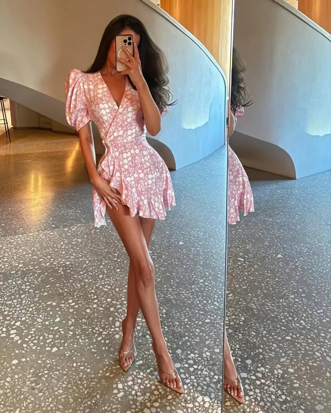 Fashion Women V Neck Printed Short Dress Puff Sleeve Waist-cinching Lace Up Mini Dresses Lady Chic Daily Street Gown 2026 Summer