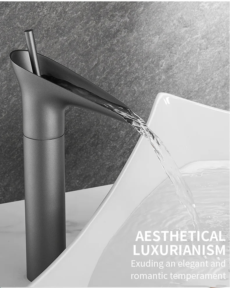 Bathroom Basin Faucet Sink Mixer Gun Grey Color Hot Cold Water Mixer Deak Mounted Waterfall Style Copper Sink Taps FR651