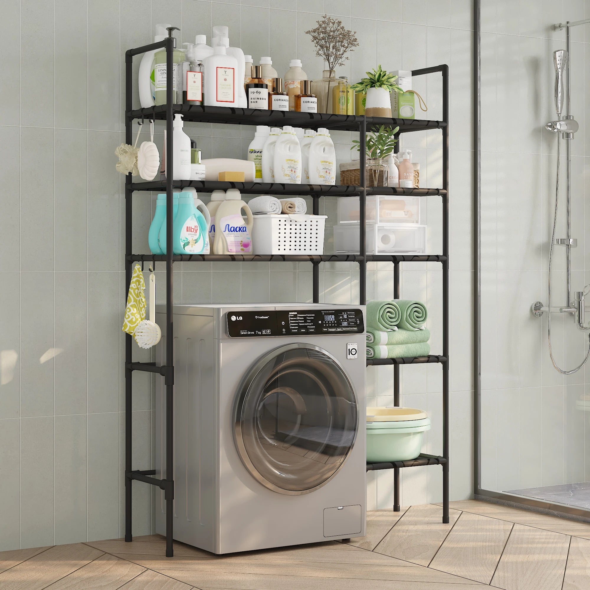 Black/White Iron + Non-Woven Fabric Heavy-Duty 3-Layer Laundry Storage Rack Vertical Multi-Layer Storage Washing Machine Dryer Can Be Placed in Bathroom Laundry Room Storage Space-Saving