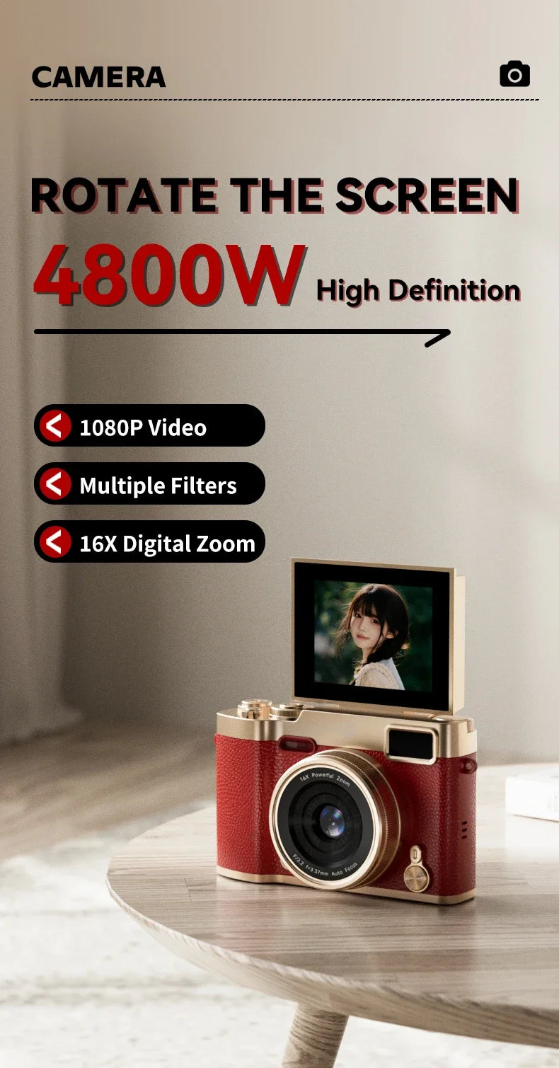 4K Flip Screen CCD Digital Camera 16X Zoom 1080P HD Vlogging Camera Travel Portable Digital Camera with Autofocus Beauty Filter