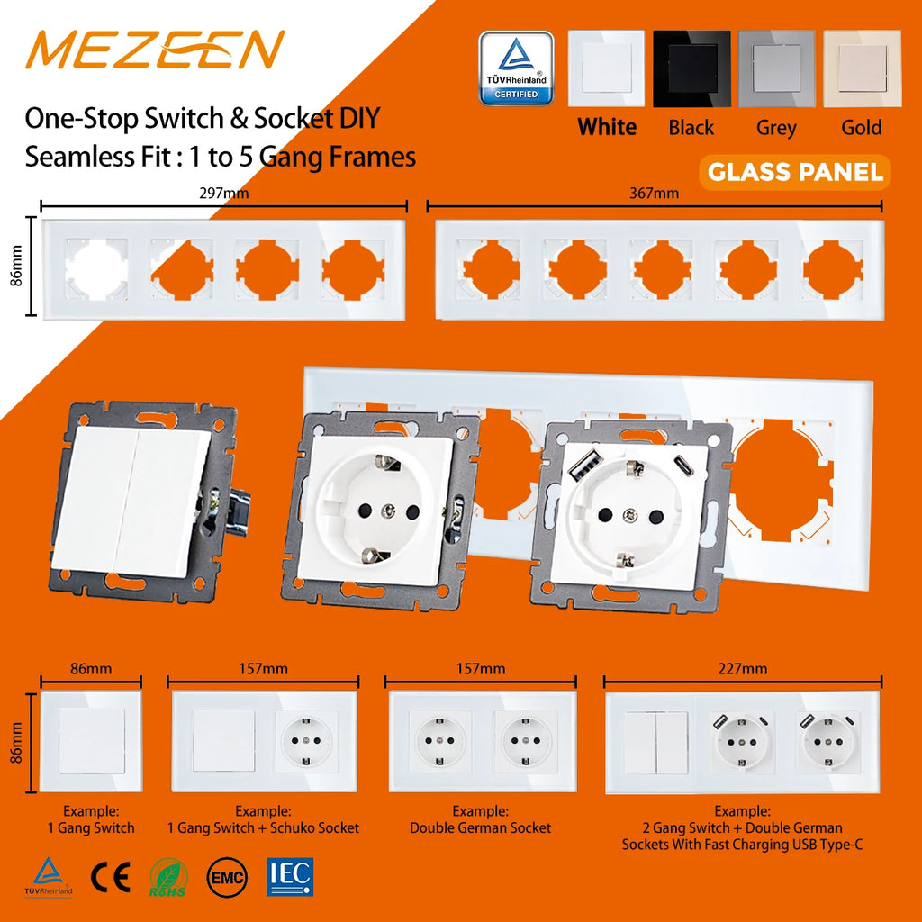 Factory Direct Selling High Quality EU Standard 10 /16Amp Electric Luxury Tempered Glass Light Wall Switch and Socket