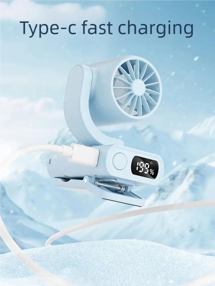 Portable rechargeable clip-on fan, rotating hanging fan with air-cooling function, suitable for outdoor and camping use. The fan