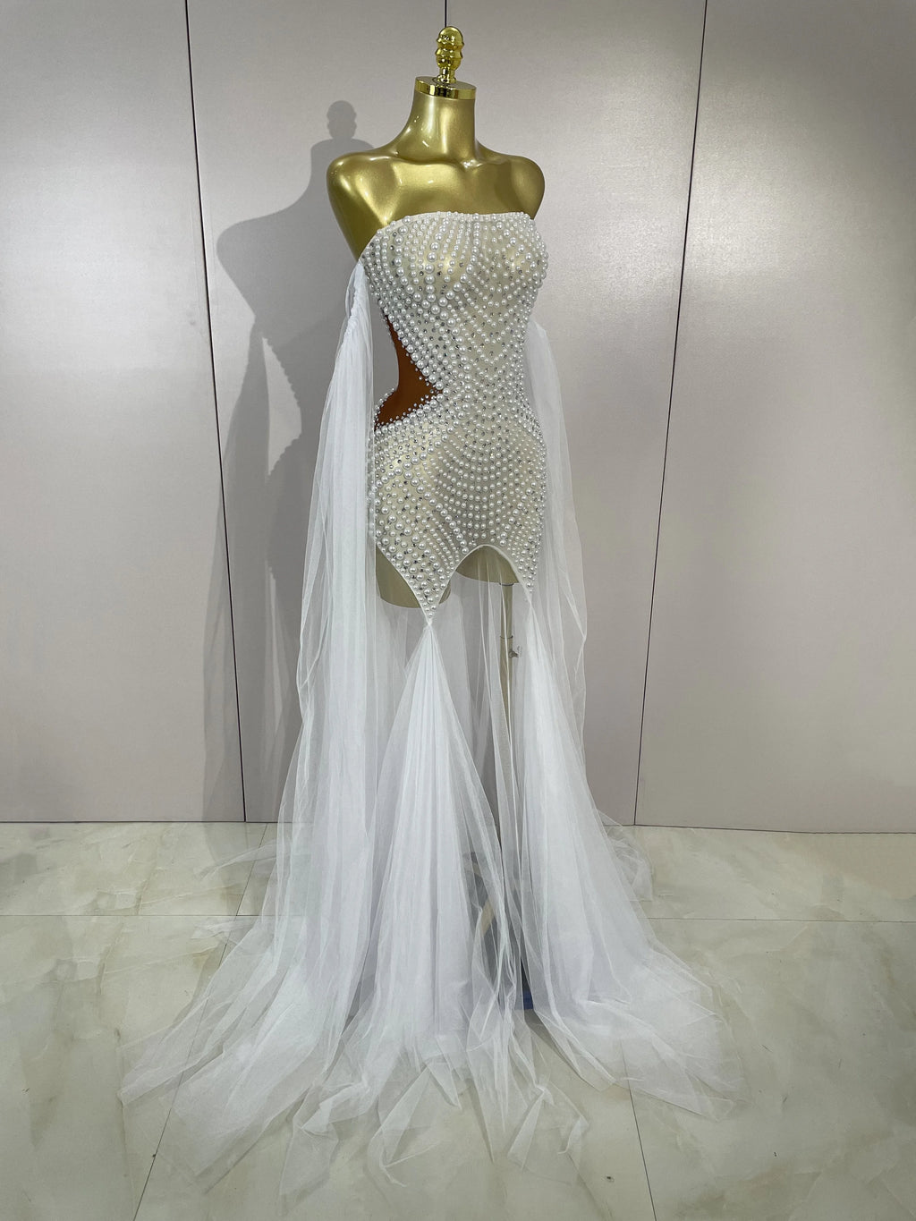 Elegant Sparkly Rhinestone White Pearl Sexy Strapless Mesh Long Dress Wedding Guest Gowns Luxury Birthday Evening Party Dress