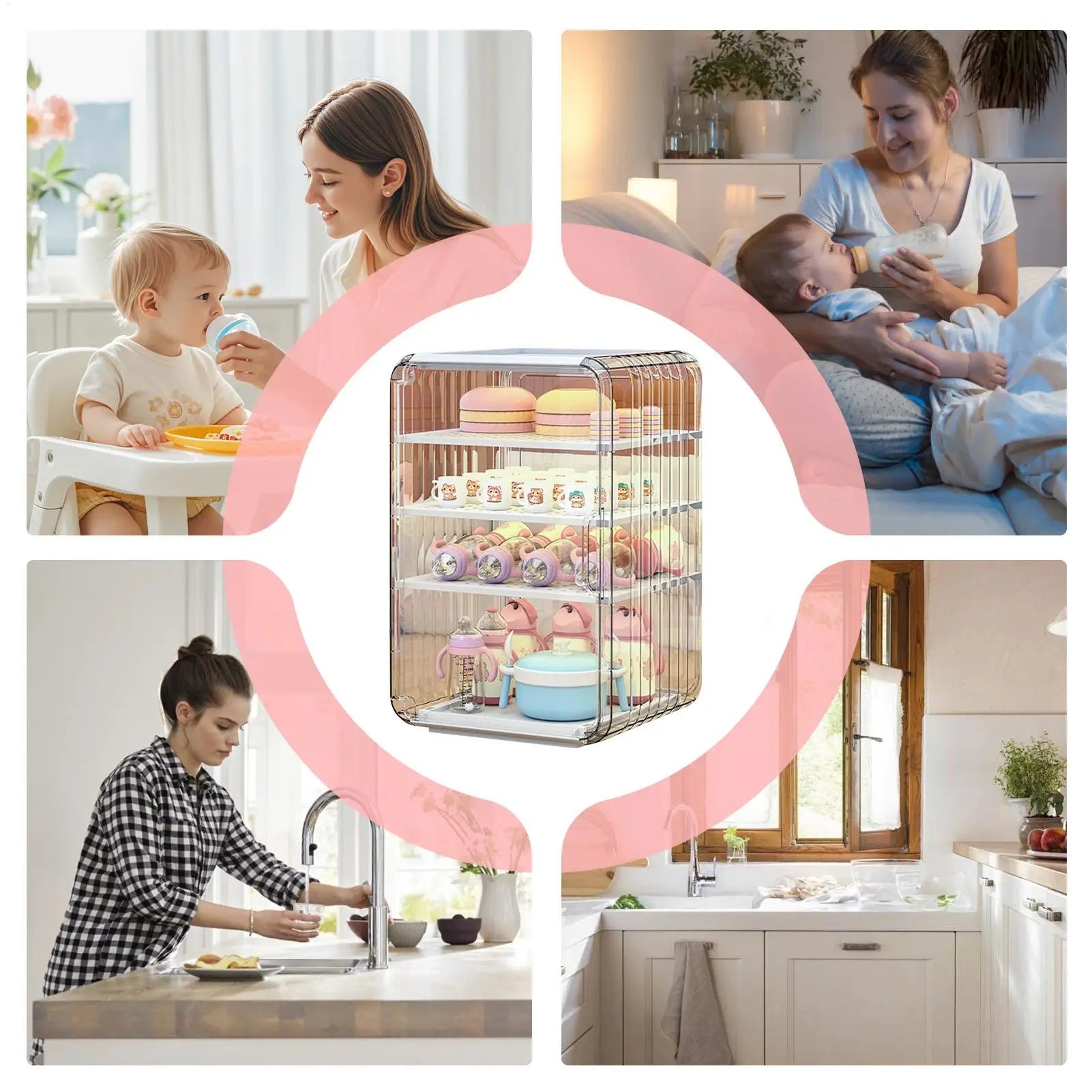 Kids Utensil Organizer Clear Adjustable Storage Rack for Baby Bottles Cups Plates Kitchen Countertop Fridge Dining Cabinet