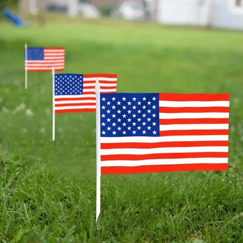 10PCS USA Stick Flag,American US 14x21cm HandHeld Mini ensign Pole United States Stick Flag Vivid Color Fade Resistant banner