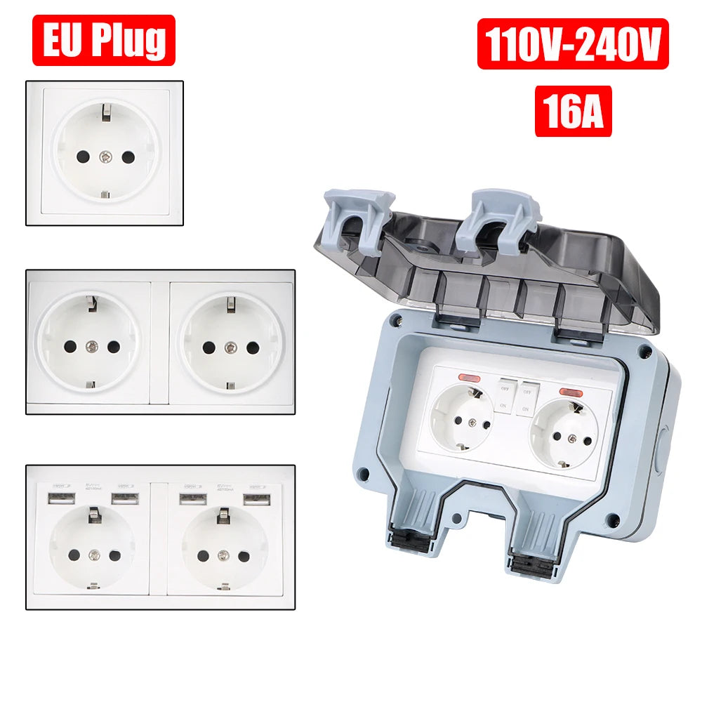 Double EU Socket Power Supply Switch Socket 16A Outdoor Wall Power Socket With USB Charging for Home& Garden IP66 Weatherproof