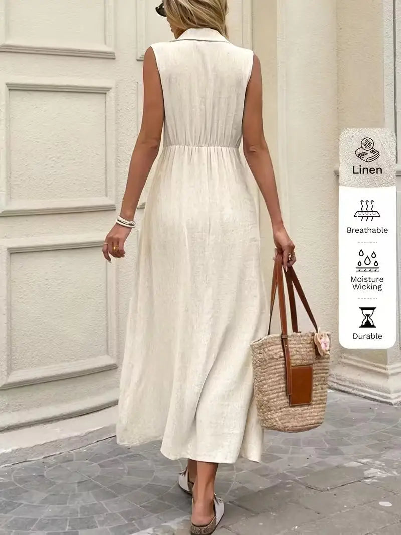 BohemianStyle Dress Sleeveless V-Neck ButtonFront Dresses Elegant Classic Solid Dresses Resort SeasideStyle Vacation Dresses