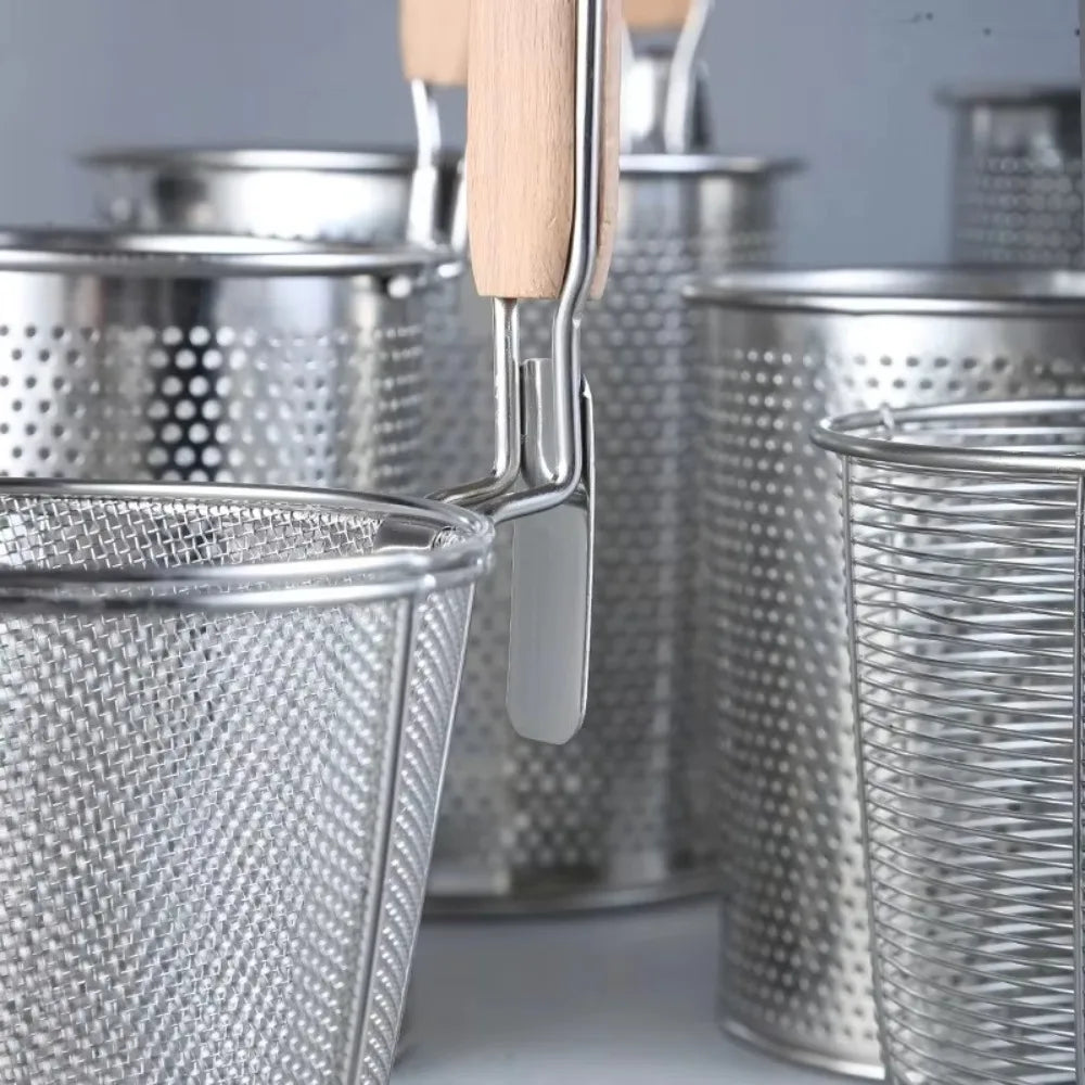 Durable Thickened Stainless Steel Funnel Wooden Handle Multifunctional Pasta Basket Strainer Kitchen Gadgets Deep Fry Basket