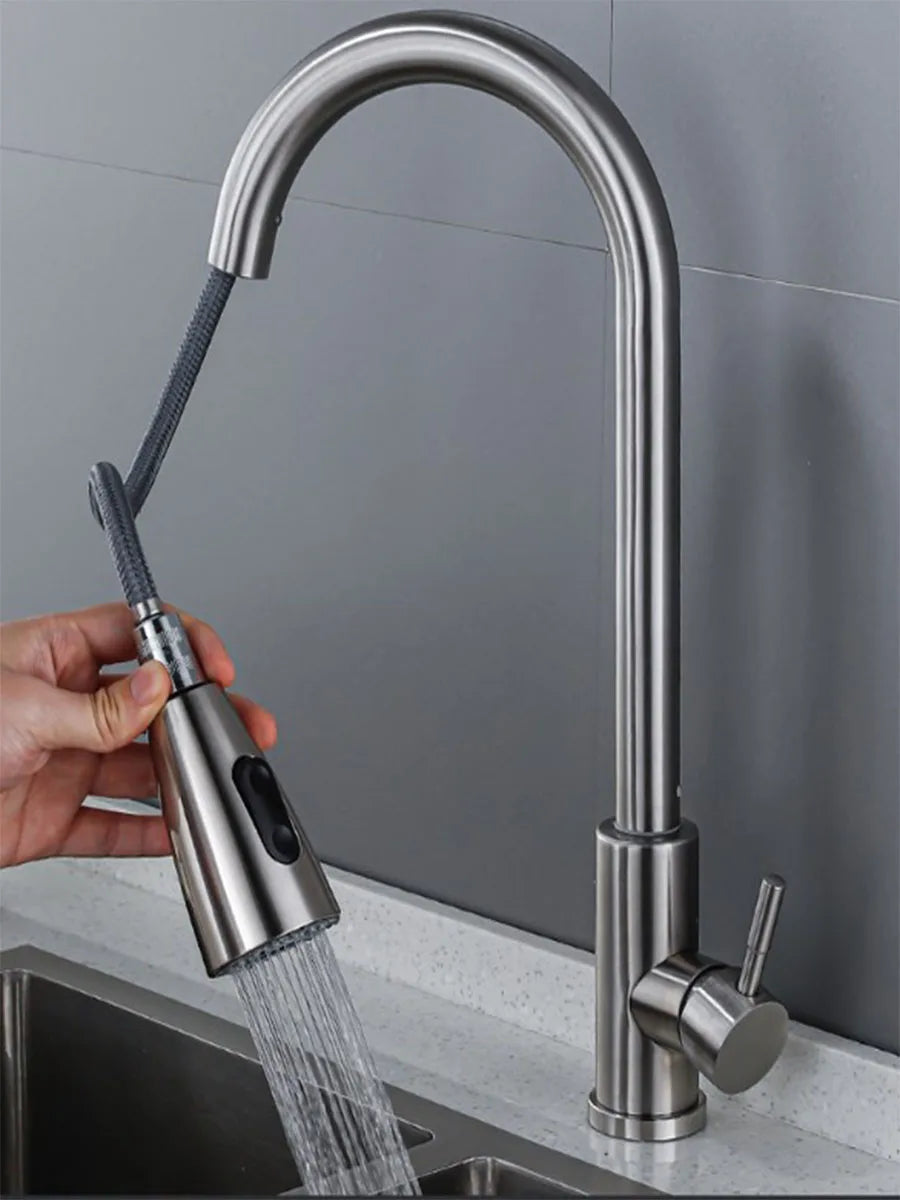 Stainless steel pull-out hot and cold water mixing faucet for kitchen, vegetable sink, washbasin, and bar pull-out faucet