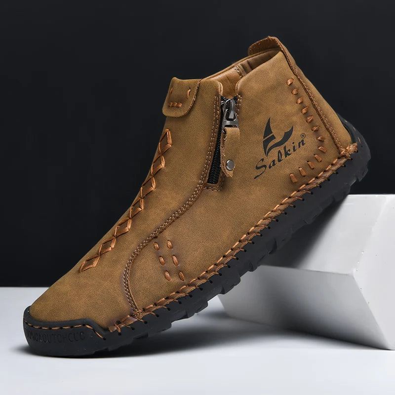 Handmade Leather Casual Shoes For Men Sneakers Men Flat Footwear Zipper Leather Boots Men Ankle Plus Size 39-48