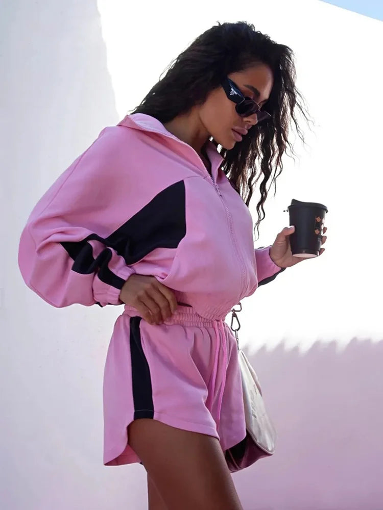 Lady'snavy Chevron Stripe Windbreaker Tracksuit Zip Cropped Jacket Contrast Trim Shorts 2026 Casual Sport Daily Jogging Street