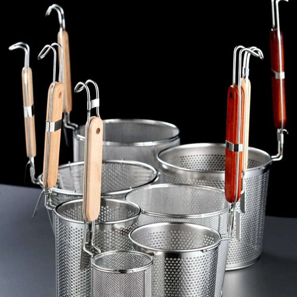 Durable Thickened Stainless Steel Funnel Wooden Handle Multifunctional Pasta Basket Strainer Kitchen Gadgets Deep Fry Basket