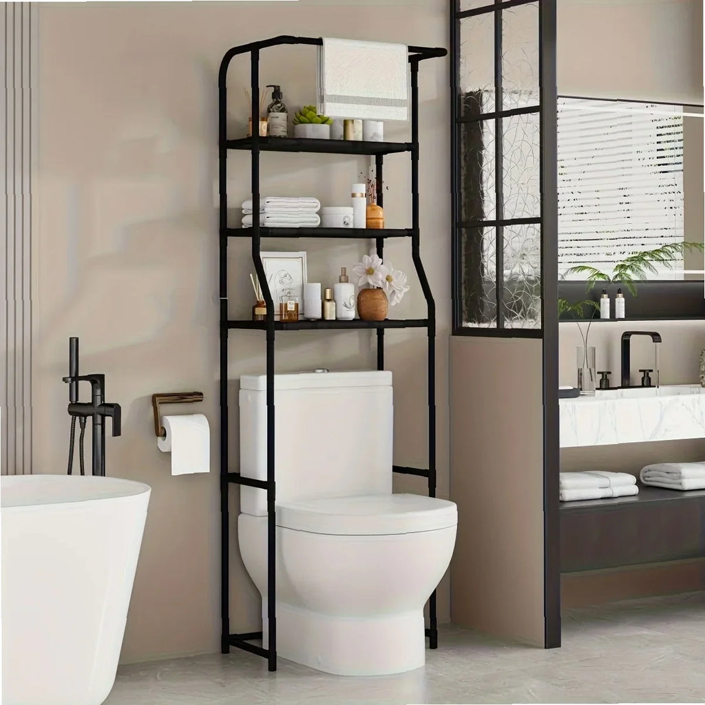Multi-Layer Metal Storage Rack for Bathroom & Balcony, Washing Machine Shelf with Toilet Paper Holder, Space-Saving Organizer