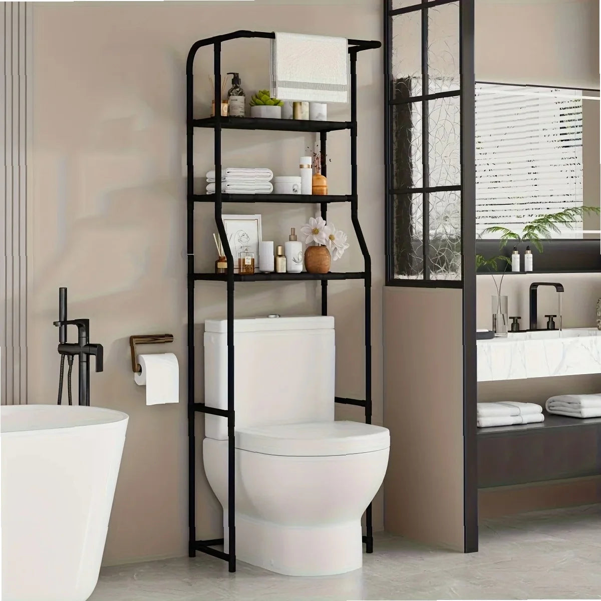 Multi-Layer Metal Storage Rack for Bathroom & Balcony, Washing Machine Shelf with Toilet Paper Holder, Space-Saving Organizer