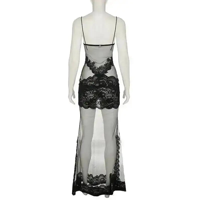 Lace Transparent Mini Dress For Women's Shestyle Embroidery Flower Mesh Transparent Flare Outfits Prom Nightwear Club Long Dress