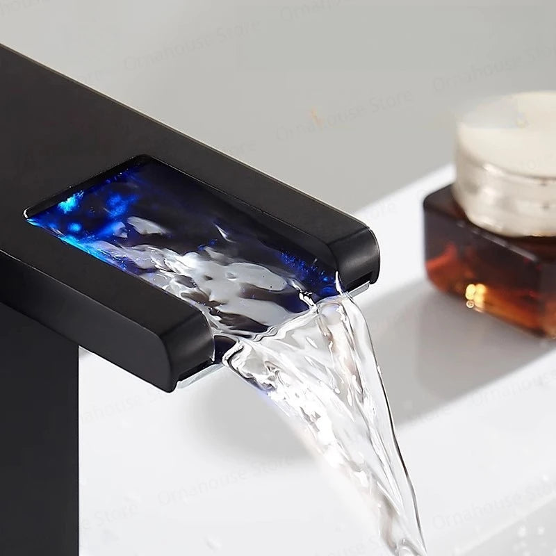 Black Bathroom Sink Faucet Single Hole Cold and Hot Water Mixing Valve Faucet 3 Colors Changing Color Changing Waterfall Faucet
