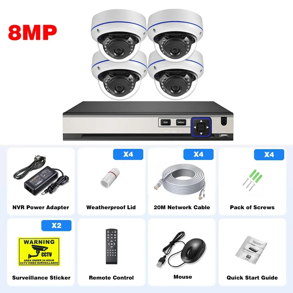 10CH 4K 8MP POE Security Camera Kit Audio Motion Detection Vandalproof Outdoor Dome Camera 5MP 4MP CCTV Surveillance Protection
