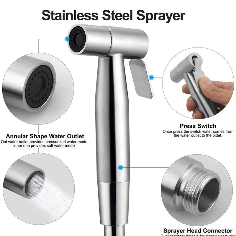 Handheld Toilet Bidet Faucet Sprayer Stainless Steel Bathroom Bidet Spraye Set Hand Sprayer Shower Head Self Cleaning No Punch