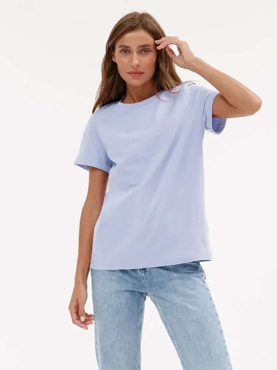 Wolfeel Summer 100% Cotton Women's T-shirt Bottoming Basic Fashionable Solid Lady Short Sleeve Loose Tops Shirts 230g/㎡ Tops