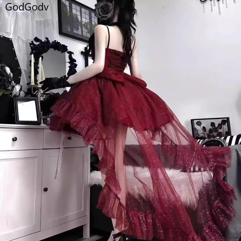 France Vintage Gothic Lolita Dress Set Women Harajuku Y2k Bow Ruffles Party Dress Female Elegant Korean Popular Clothes Summer