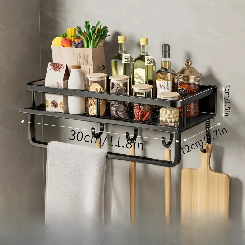 Multifunctional Aluminum Wall-Mounted Shelf Kitchen Spice Storage Rack Kitchen Supplies Storage Hooks Kitchen Accessories