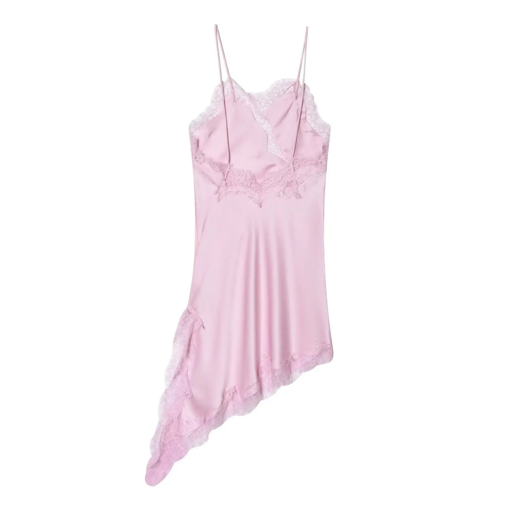 Zevity 2025 Women Sexy Hollow Out Lace Stitching Hem Irregular Mini Dress Female Chic Spaghetti Strap Soft Party Vestidos DS9446