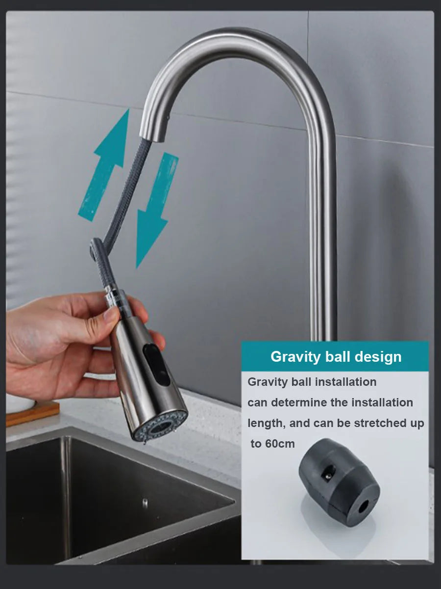 Stainless steel pull-out hot and cold water mixing faucet for kitchen, vegetable sink, washbasin, and bar pull-out faucet