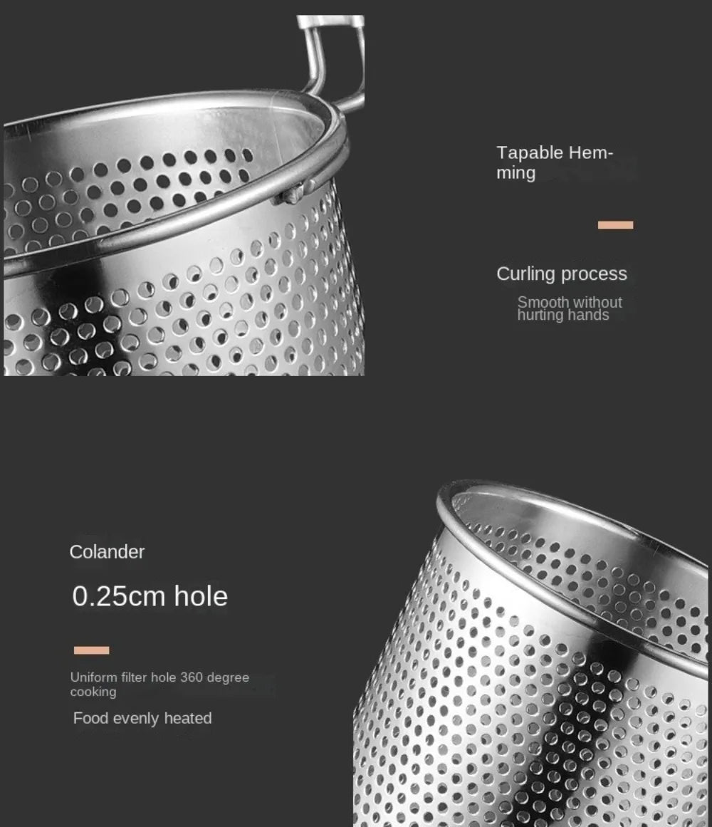 Durable Thickened Stainless Steel Funnel Wooden Handle Multifunctional Pasta Basket Strainer Kitchen Gadgets Deep Fry Basket