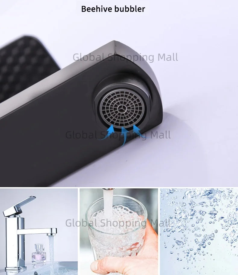 Bathroom Faucet Single Hole Single Handel Hot and Cold Water Mixer Tap Deck Mounted in Black and Chrome Square Basin TapBathroom