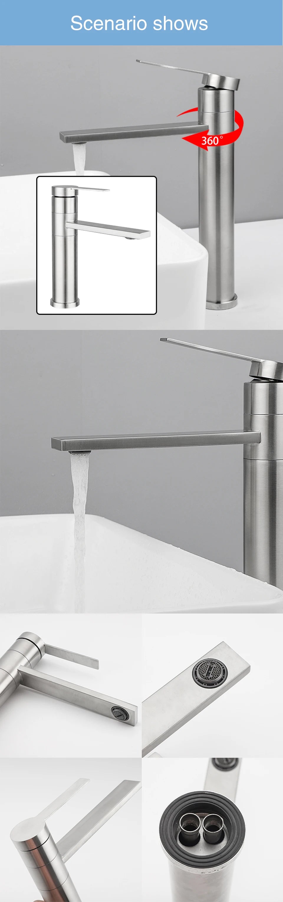 Fliger Tall Basin Faucet Brushed Gold Bathroom Sink Faucet Countertop Sink Faucet Hot Cold Bathroom Faucet 360° Rotating Mixer