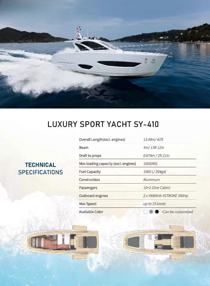 Customizable 2026  Factory Direct 41ft Aluminum Alloy  Luxury Yacht CE High Speed Sport Boat with Outboard Machine for Sale