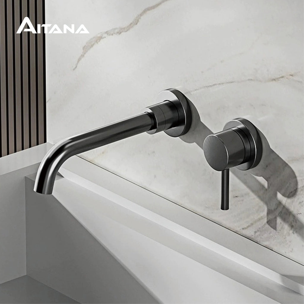 Modern Wall-Mounted Black Brass Bathroom Faucet with Concealed Design 2-Hole Single Handle Cold and Hot Dual-Control Basin Tap