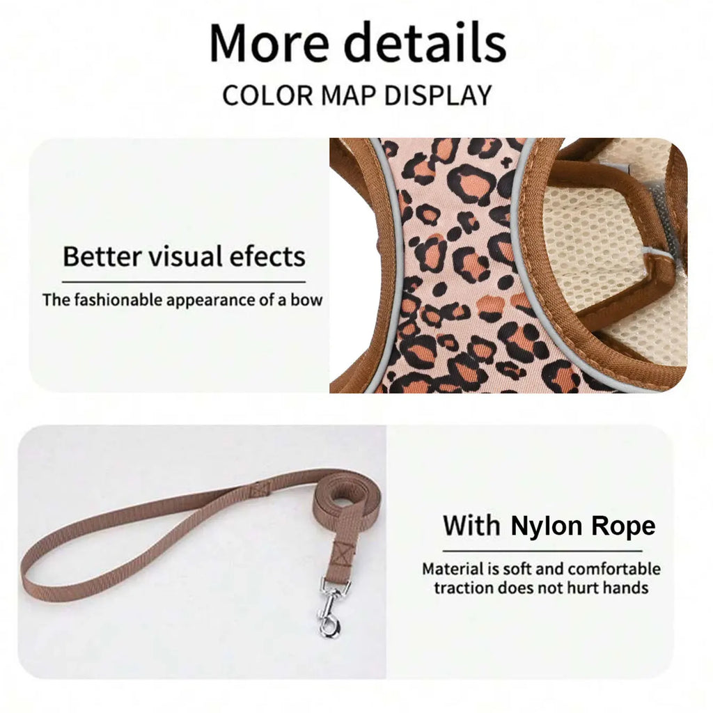 DH009-Adjustable Leopard Print Pet Cat & Dog Harness, Vest Harness Breathable Skin-Friendly Mesh, 1.5-Meter Leash, Lightweight