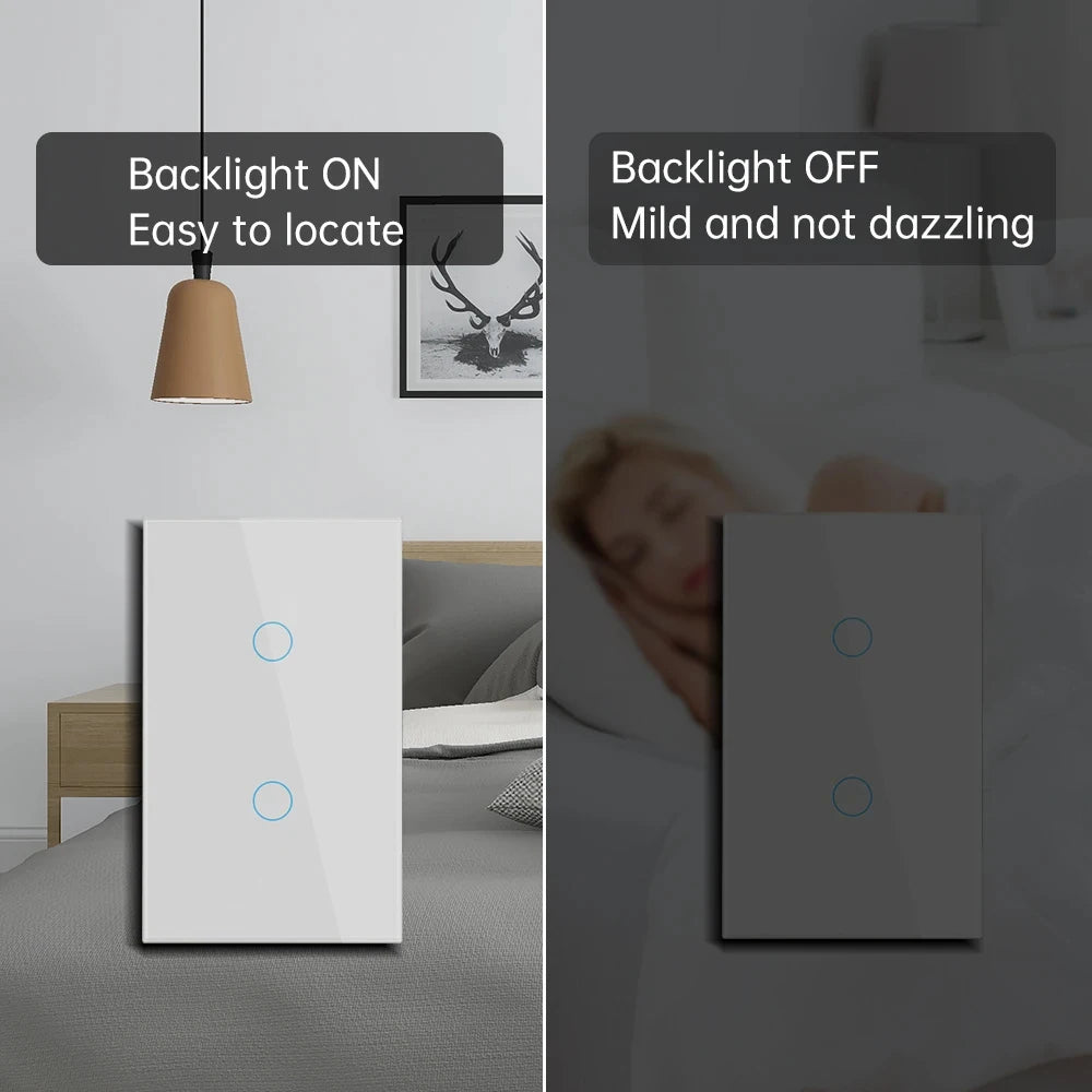 Dual Touch Switch 2Way Light LED Sensor Wall Switches With Tempered Glass Panel Bedroom Stair Switch For US BR Country No Wifi