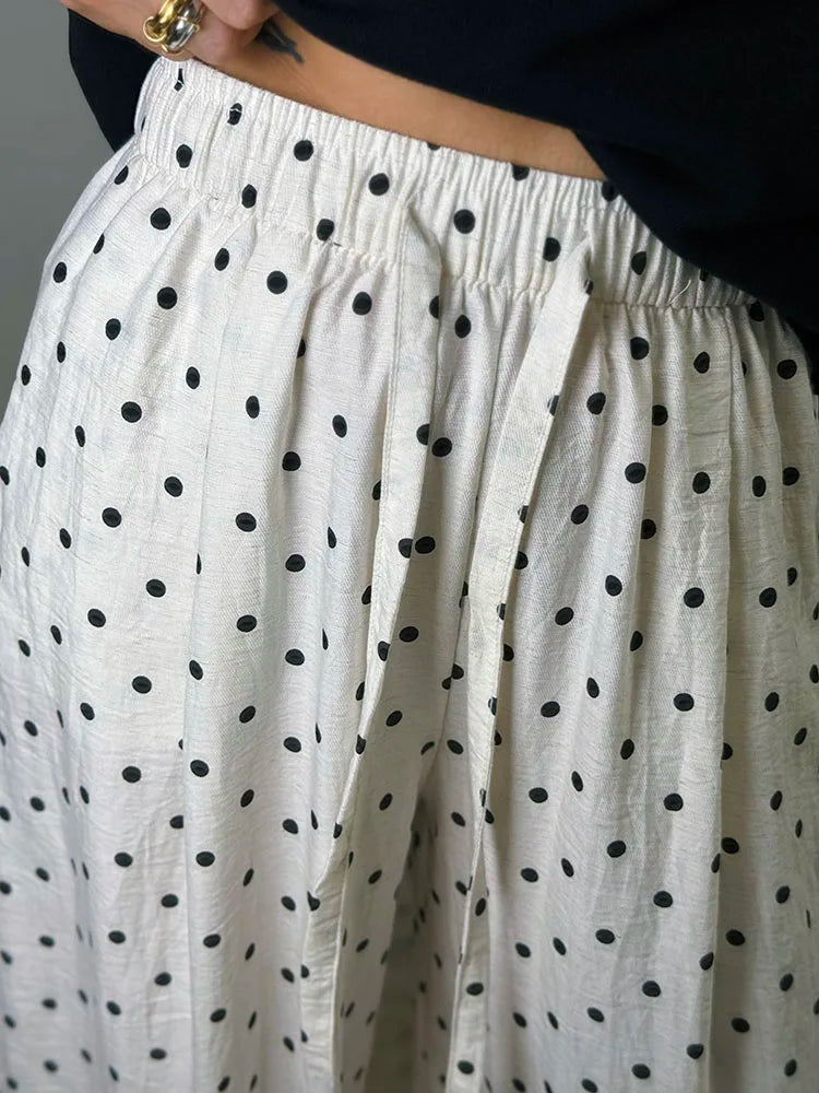 Polka Dot Cotton Linen Pants White Women Wide Leg Summer Spring Baggy Trousers For Woman High  Waist Linen Loose Pants Women