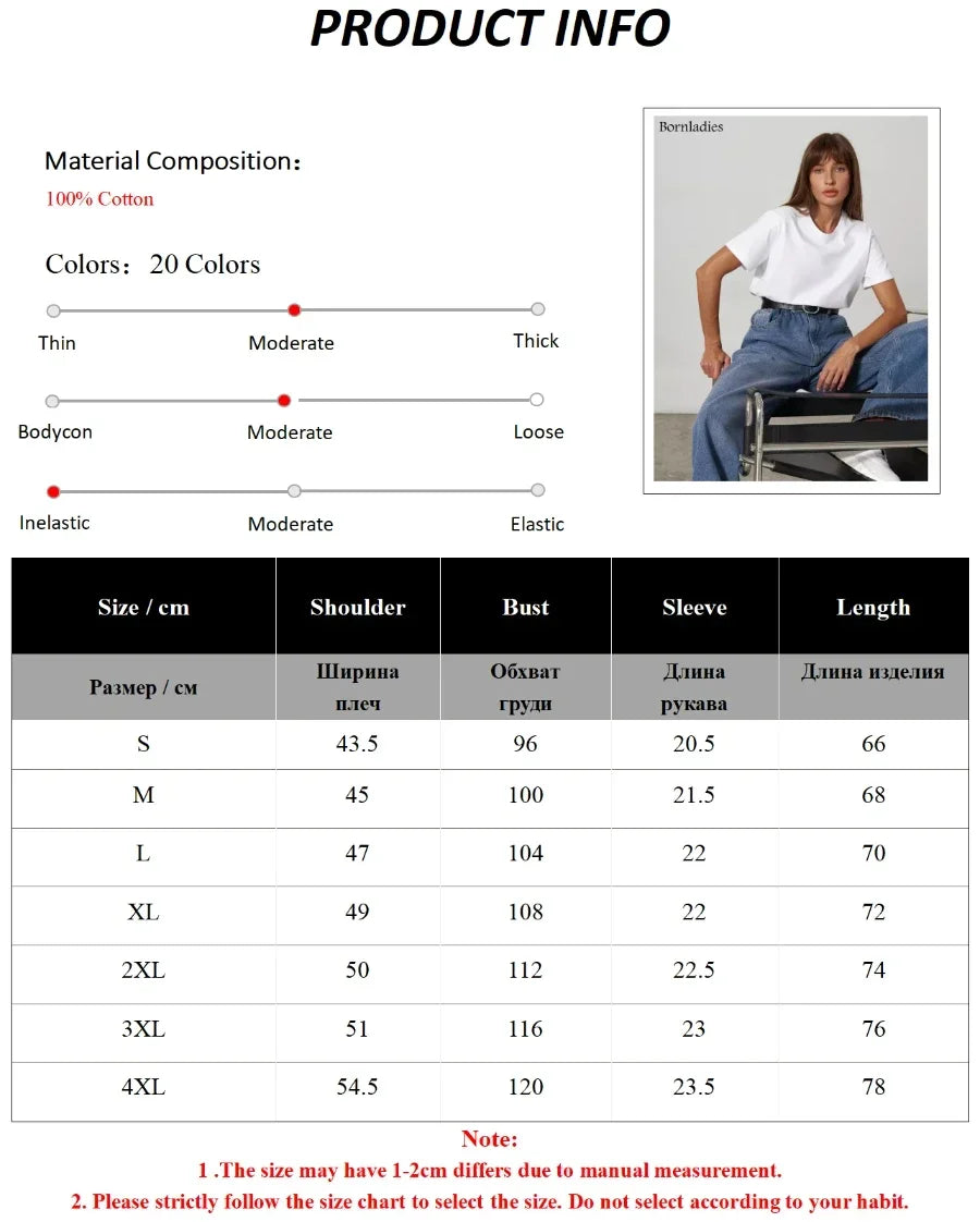 Summer 100% Cotton Women's T-shirt Bottoming Basic Fashionable Lady Short Sleeve Loose Tops Shirts Solid 200g/㎡ Tops