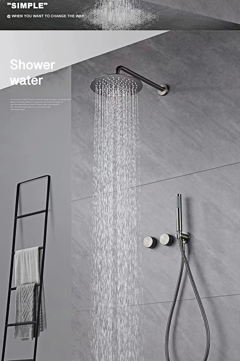 Luxury Gun Gray Brass Wall Mounted Shower System with Embedded Design, Dual Handle Hot and Cold Water, Simple Bathroom Faucet