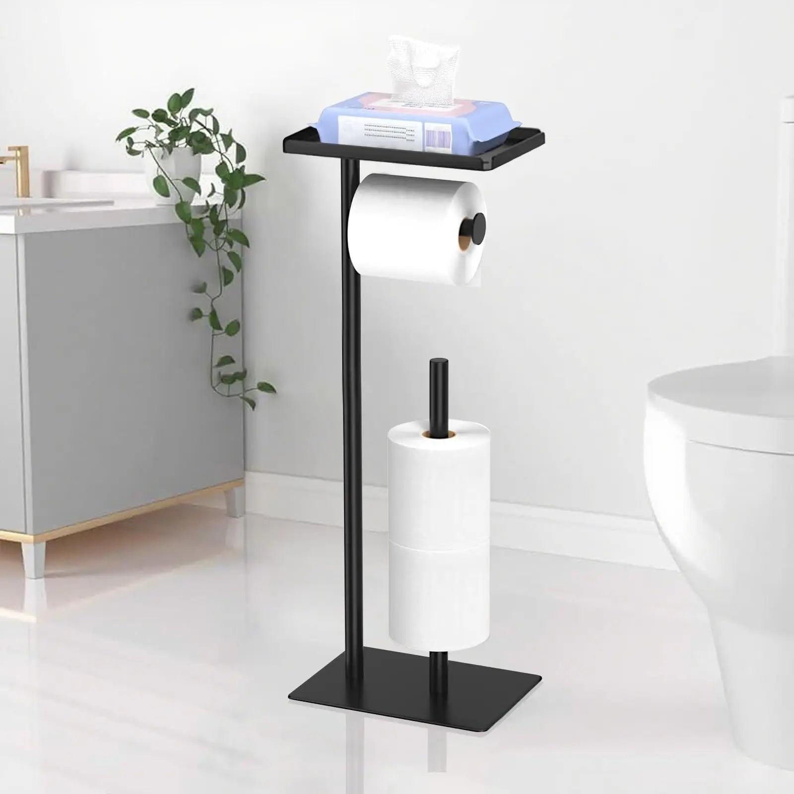 Stainless Steel Standing Toilet Set, Toilet Paper Holder with Toilet Brush for Bathroom Storage