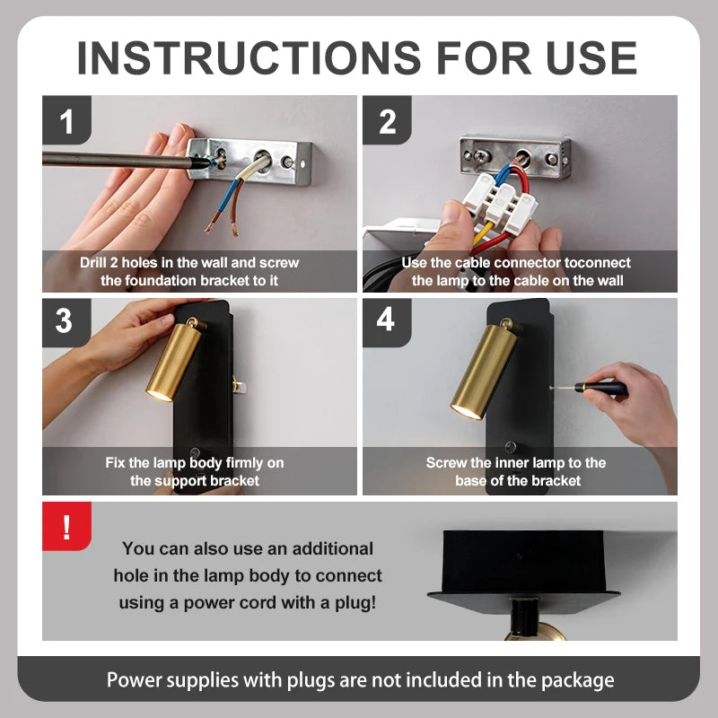 Wall Light 3000K Warm Light Knob Switch with USB Phone Charging, Bedroom Bedside Lamp, Wall Light Can Rotate 350°