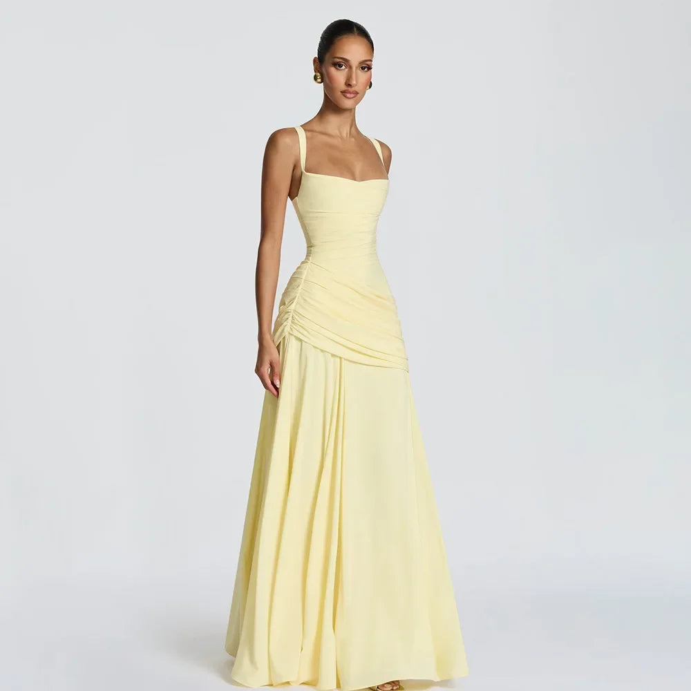 Elegant Solid Pleated Sling Dress Women Sexy Square Neck Sleeveless High Waist Slim Maxi Dresses 2026 Lady Party Evening Robe