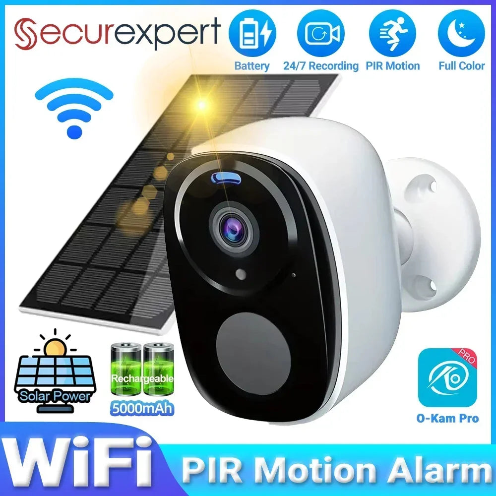 2K 5MP Solar Security Camera Wireless Outdoor Color Night Vision Battery Powered Support 2.4G WiFi, PIR, Waterproof, 2-Way Alexa
