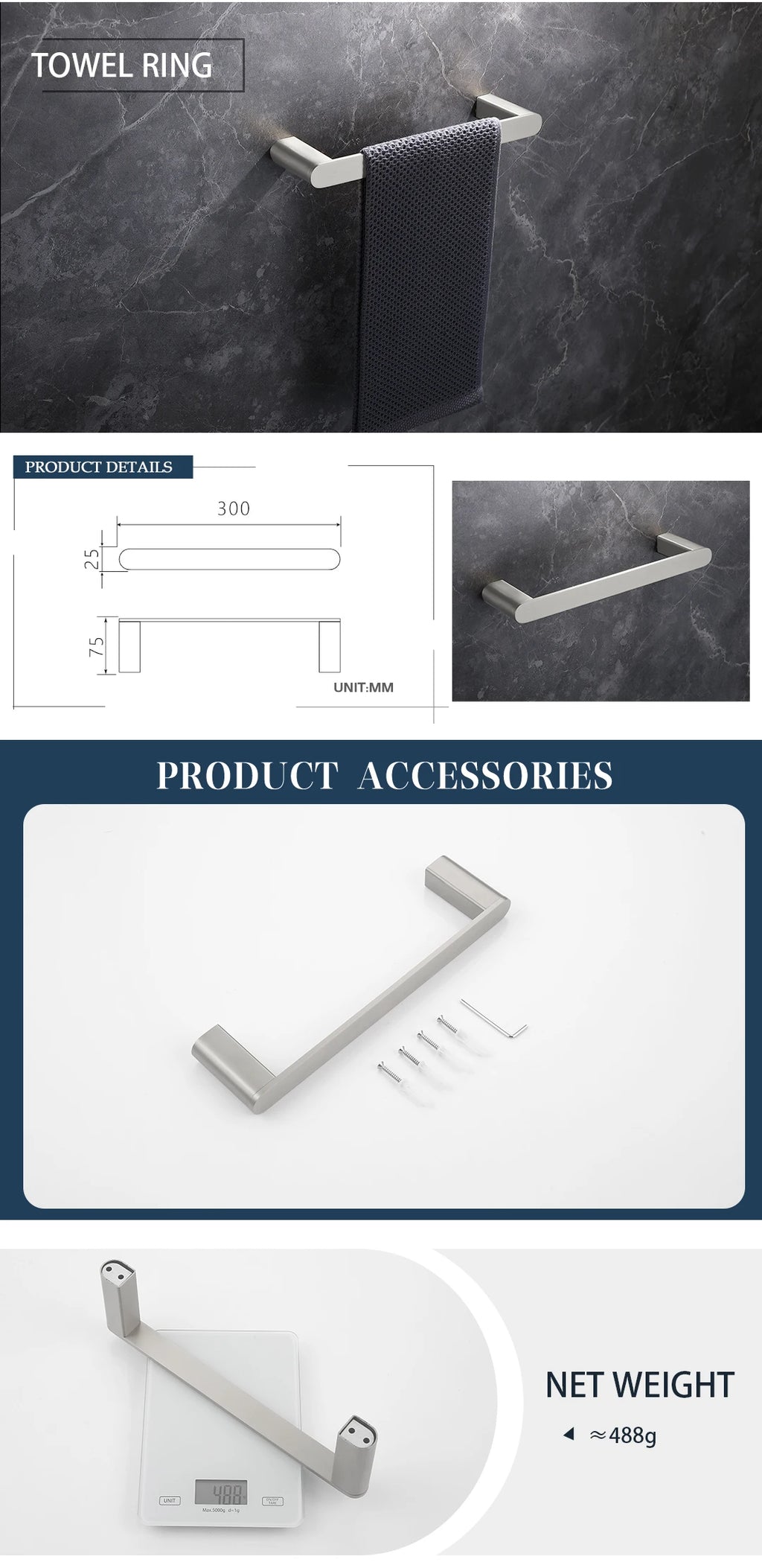 Bathroom Hardware Set Stainless Steel Bathroom Accessories Set Wall Mounted Towel Bar Towel Ring Toilet Paper Roll Holder Set
