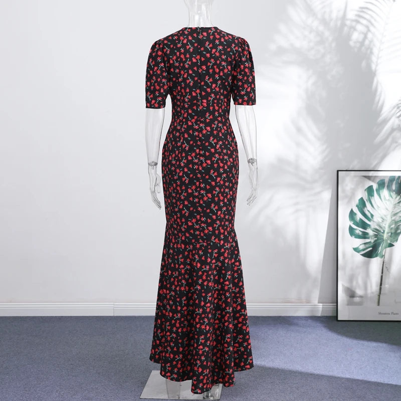 Slim Printed Waist-cinching Fishtail Dress 2026 Summer New Ladies Sexy V-neck Short Sleeve Split Long Robes Women's Party Gowns