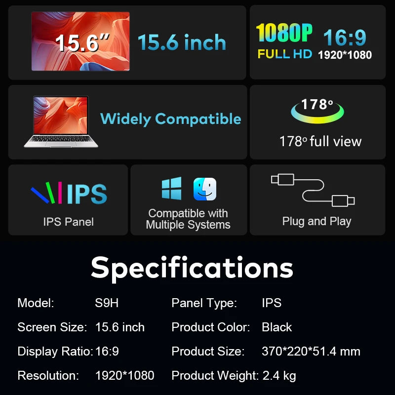 2026 Hot Horizontal and Vertical Detachable Screen Portable Monitor Display Compatible with 12-18.5 Inch  USB 3.1  Laptop