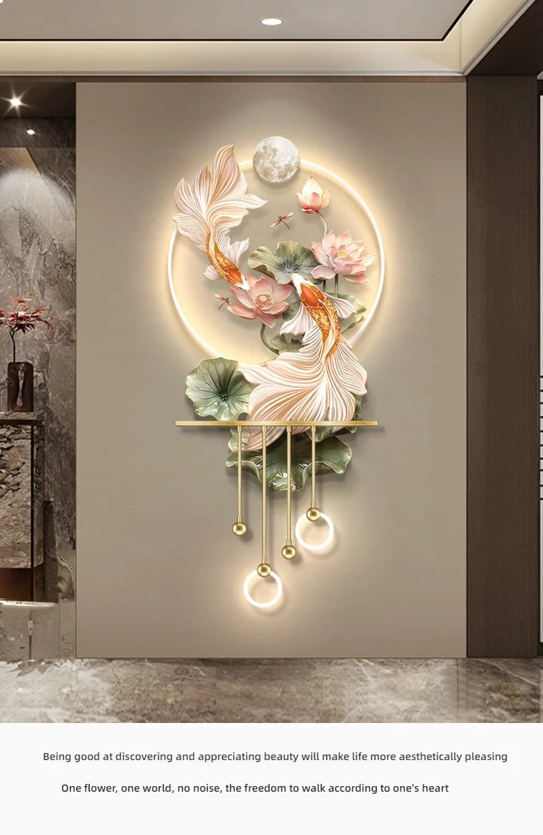 Modern Light Luxury Entrance LED Decorative Painting Koi Carp Home Decoration Living Room Bedroom Sofa Wall Corridor Mural Light